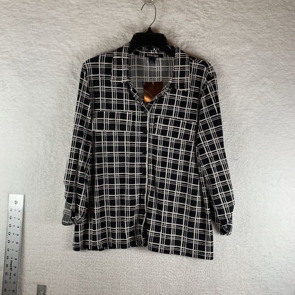 By Design Shirt Women's Large Black Checkered‎ Roll Tab Sleeve Button Front 8023 - Picture 1 of 7
